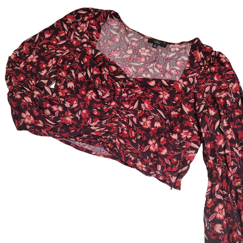 Lulus Floral Long Sleeve Ruched Crop Top Square Neck Burgundy Red Women m Boho